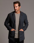 Male modeling Shacket in Charcoal Blue