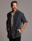 Male modeling Shacket in Charcoal Blue