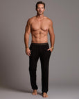 Male modeling the black tree silk pant