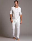 Male modeling the white tree silk pant