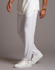 Male modeling the white tree silk pant