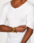 Male modeling white v neck shirt