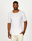 Male modeling white crew neck shirt