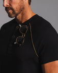 Man modeling a black Short Sleeve Henley shirt