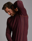 Male modeling purple long sleeve raglan