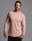 Male modeling pink long sleeve raglan