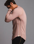 Male modeling pink long sleeve raglan