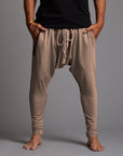 male modeling taupe tree pants