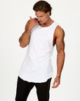 A man modeling a white tank top
