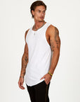A man modeling a white tank top