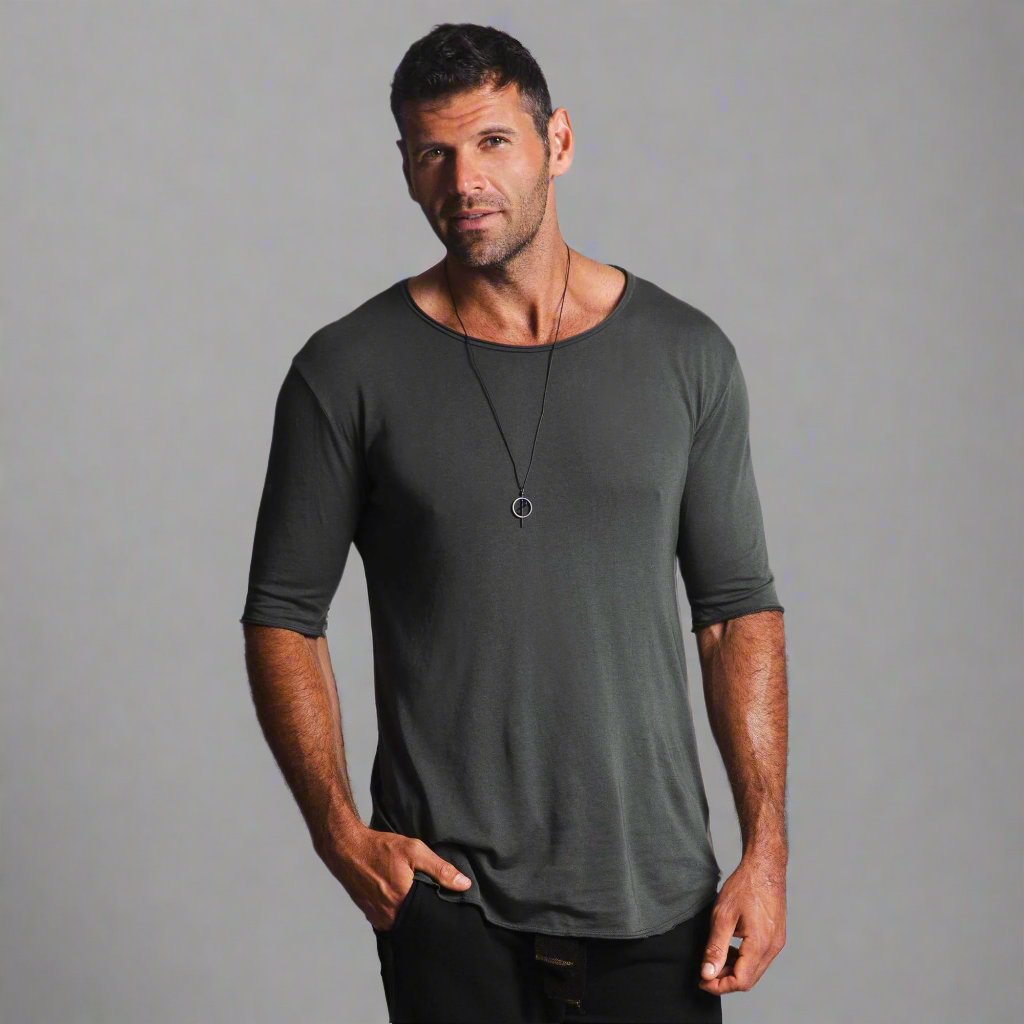 Male modeling grey crew neck shirt