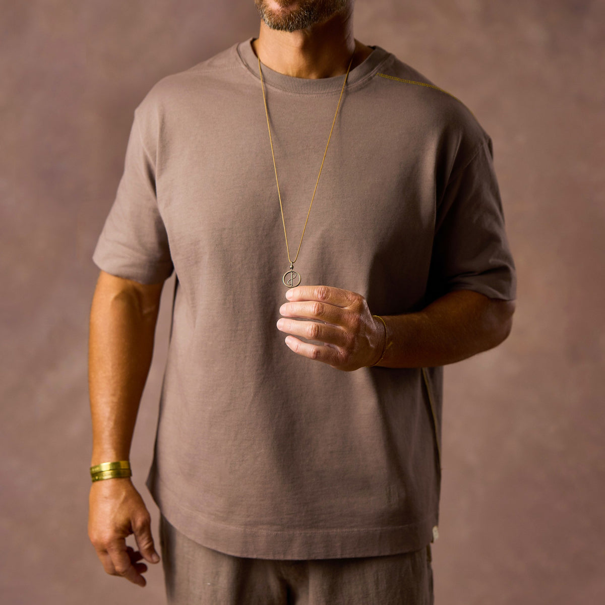 male modeling taupe boxy tee
