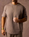 male modeling taupe boxy tee