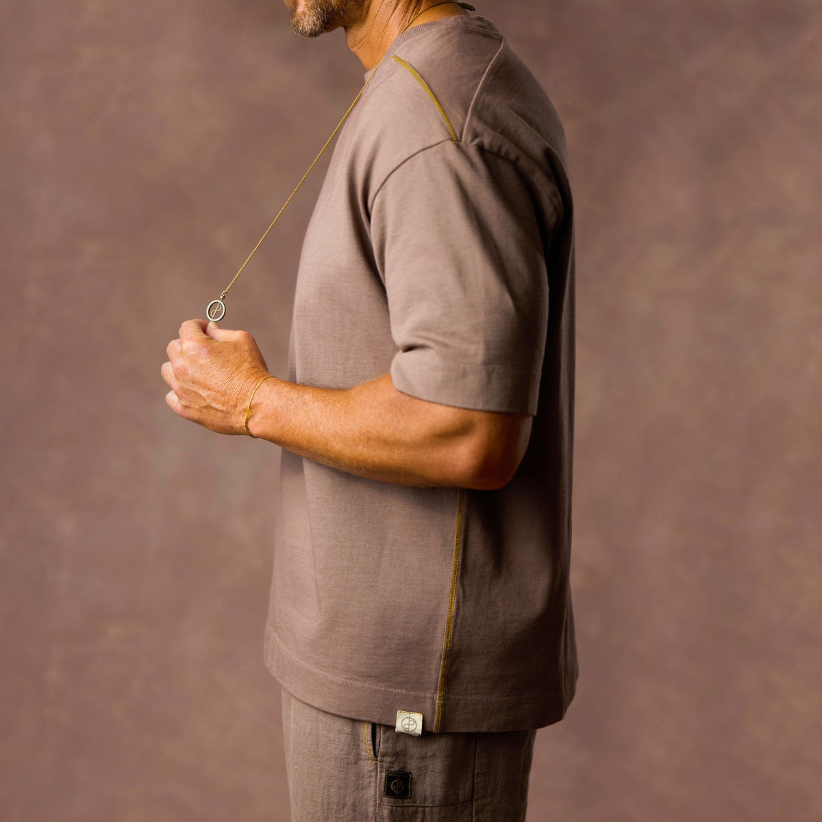 male modeling taupe boxy tee