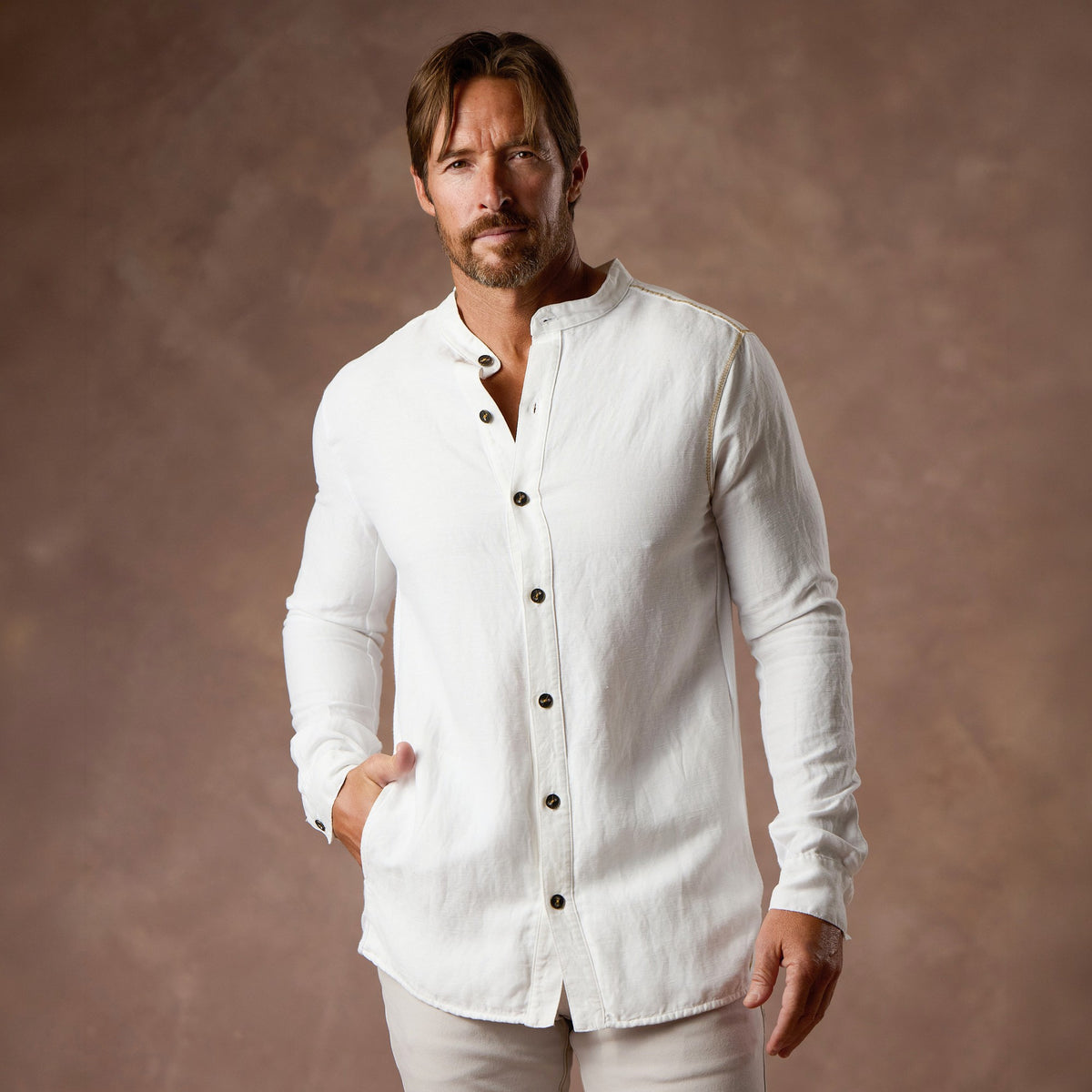 male modeling white shacket