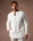 male modeling white shacket
