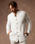 male modeling white shacket