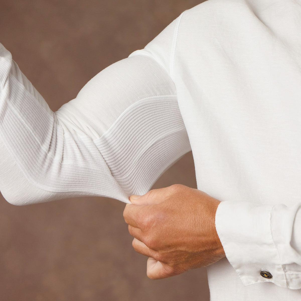 male modeling white shacket