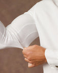 male modeling white shacket