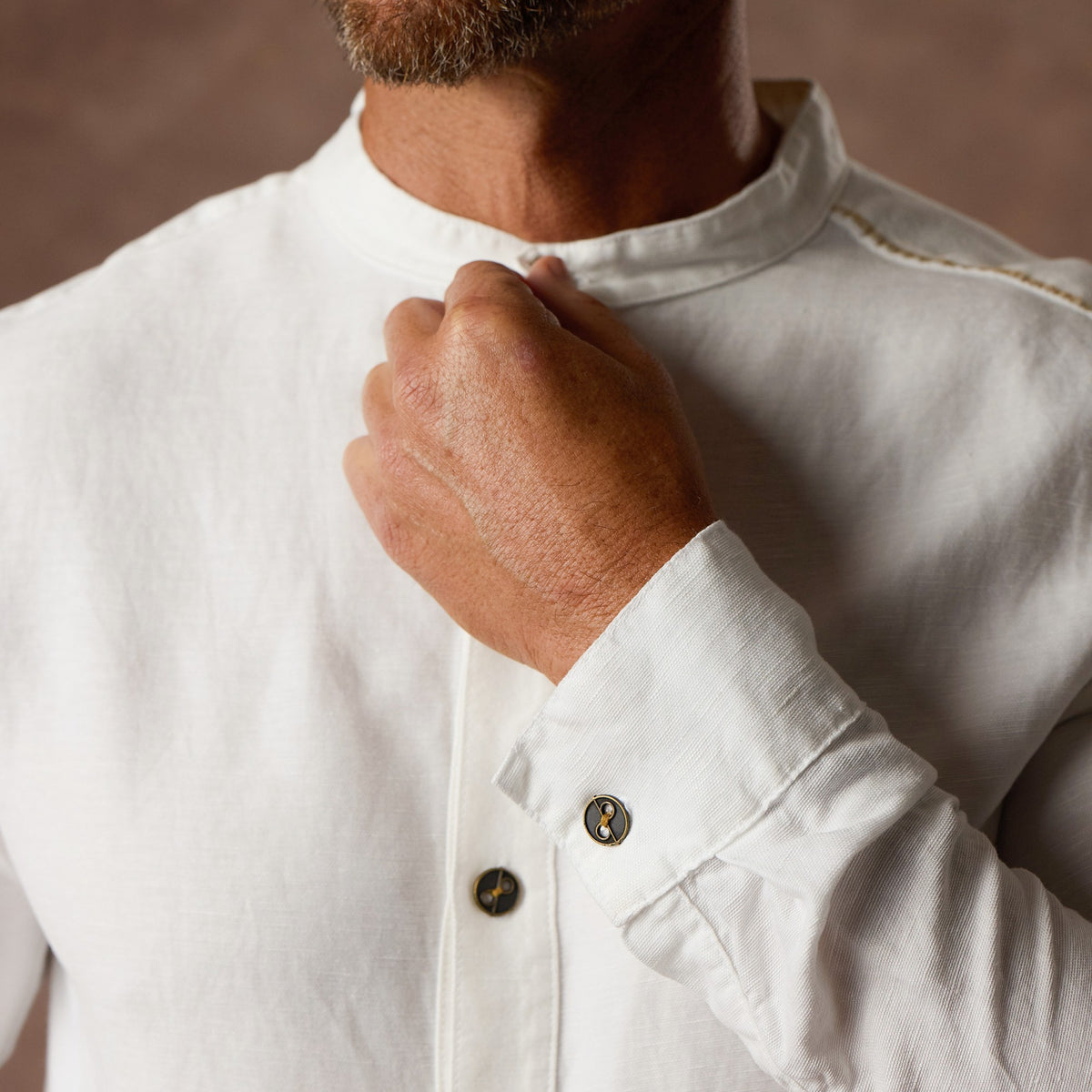 male modeling white shacket