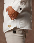 male modeling white shacket