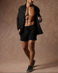 male modeling black resort shorts