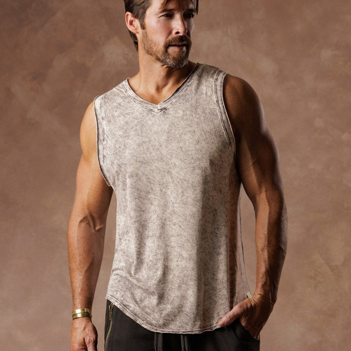 male modeling mineral tank top