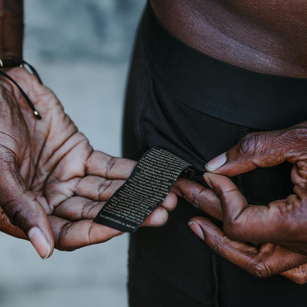 A man modeling the One Golden Thread Unders in Black