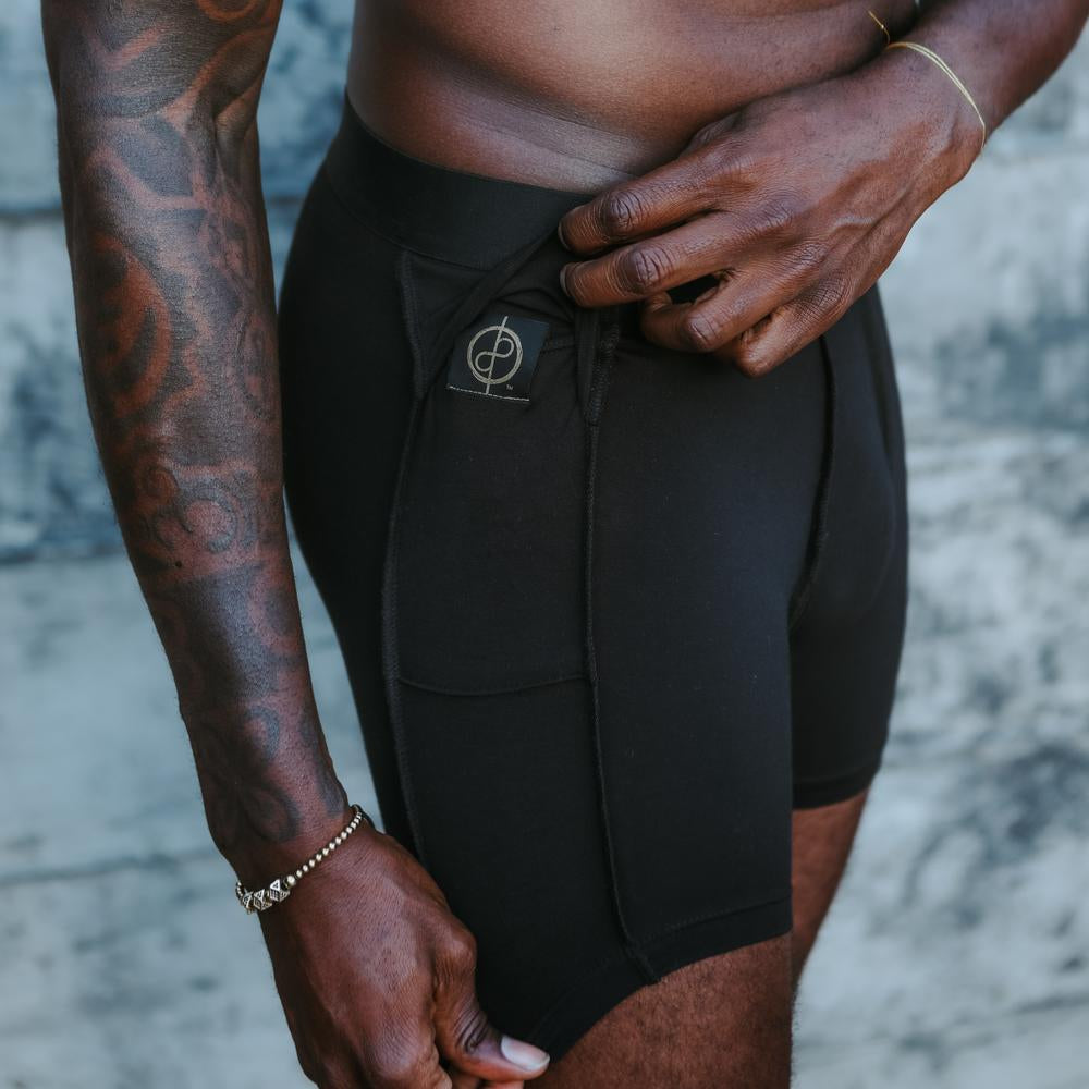 A man modeling the One Golden Thread Unders in Black