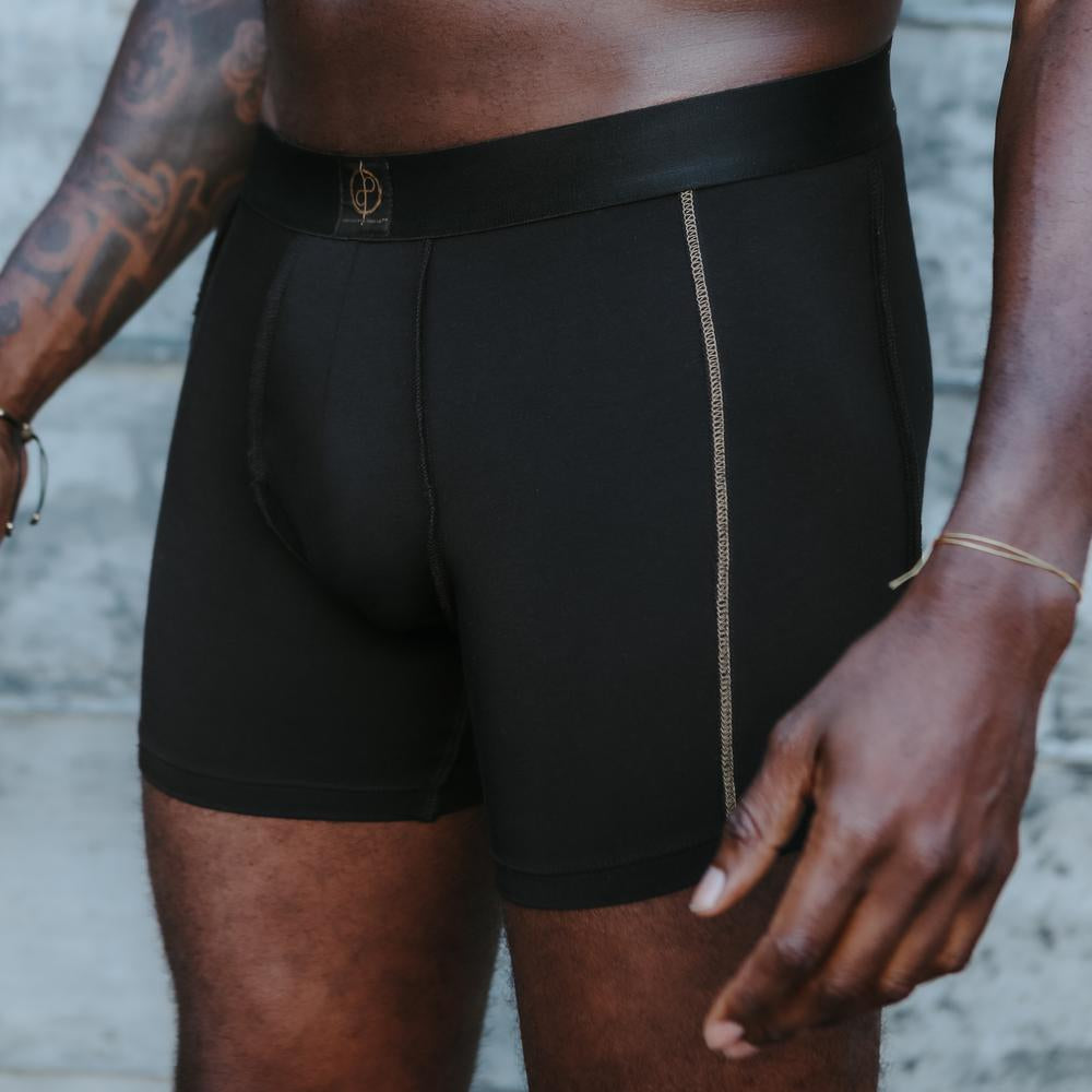A man modeling the One Golden Thread Unders in Black