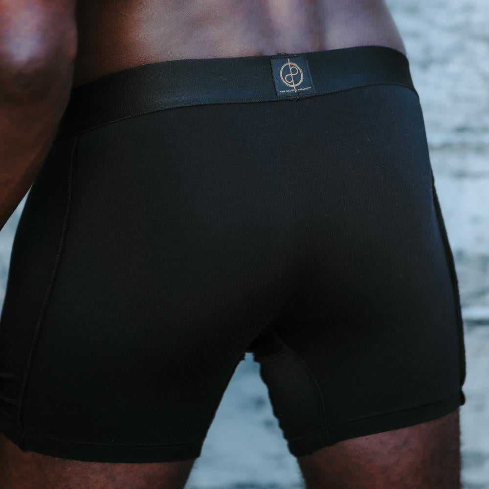 A man modeling the One Golden Thread Unders in Black