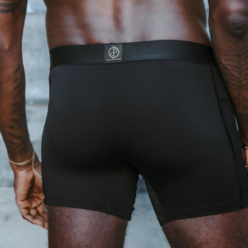 A man modeling the One Golden Thread Unders in Black