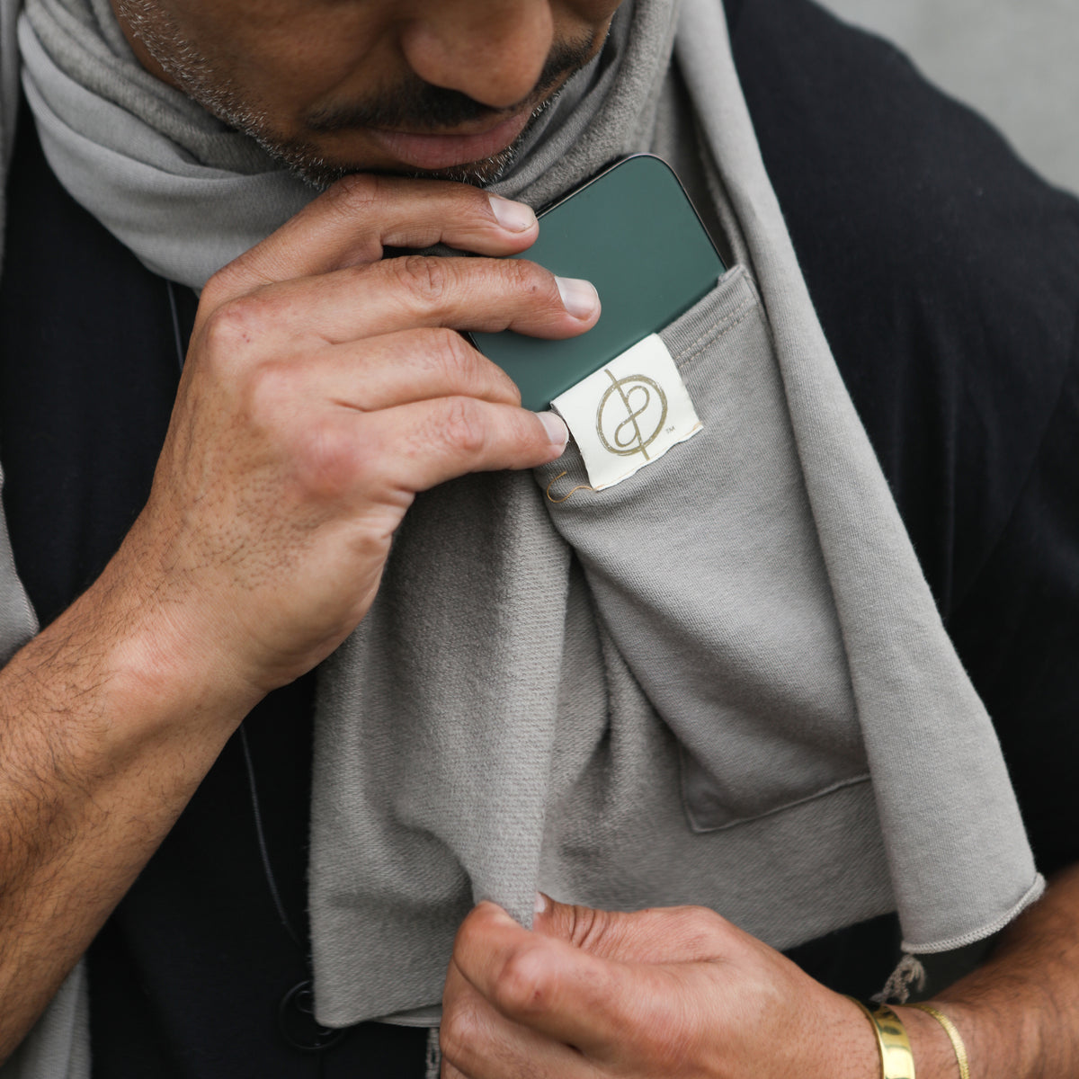 Male modeling grey fleece scarf