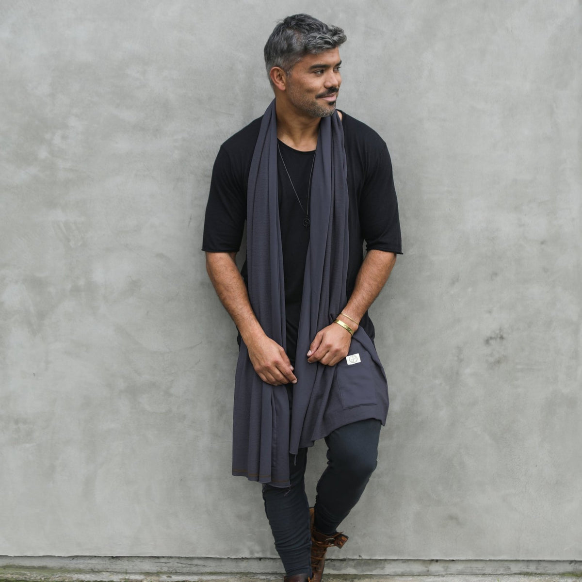 Man modeling blue fleece scarf