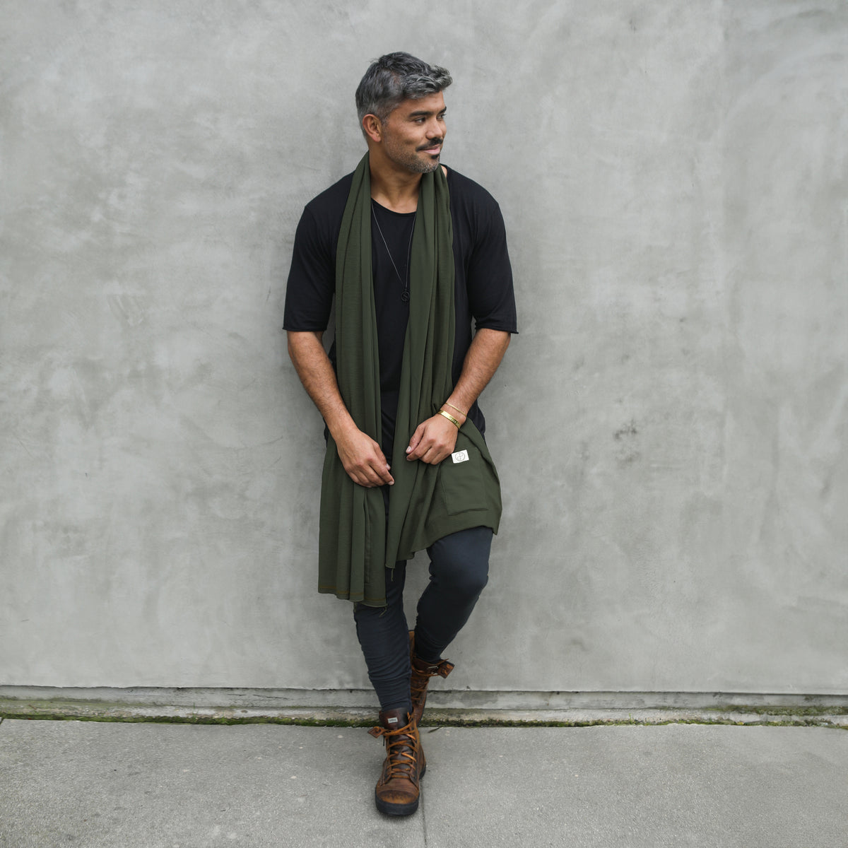 man modeling urban forest scarf