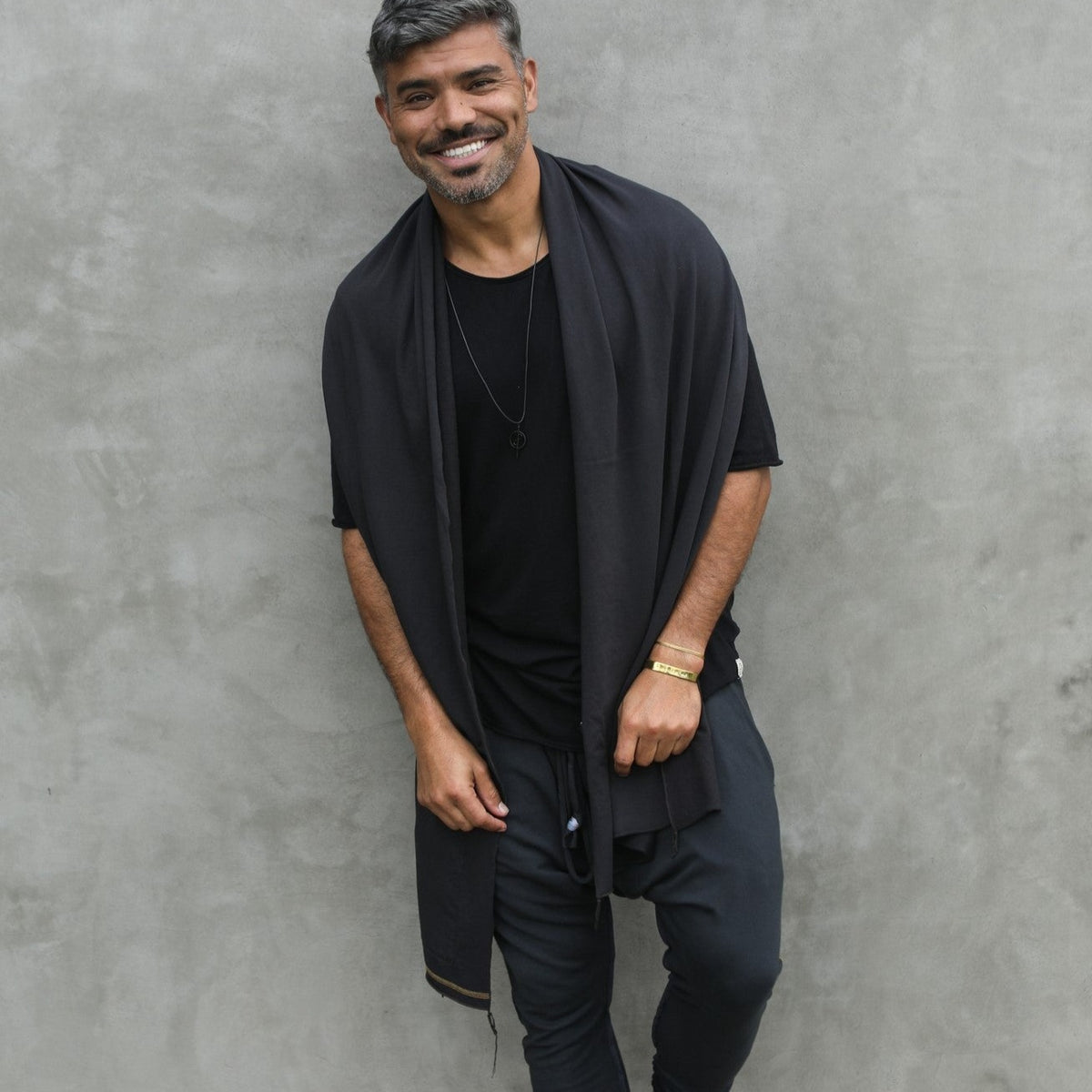 Man modeling slate fleece scarf