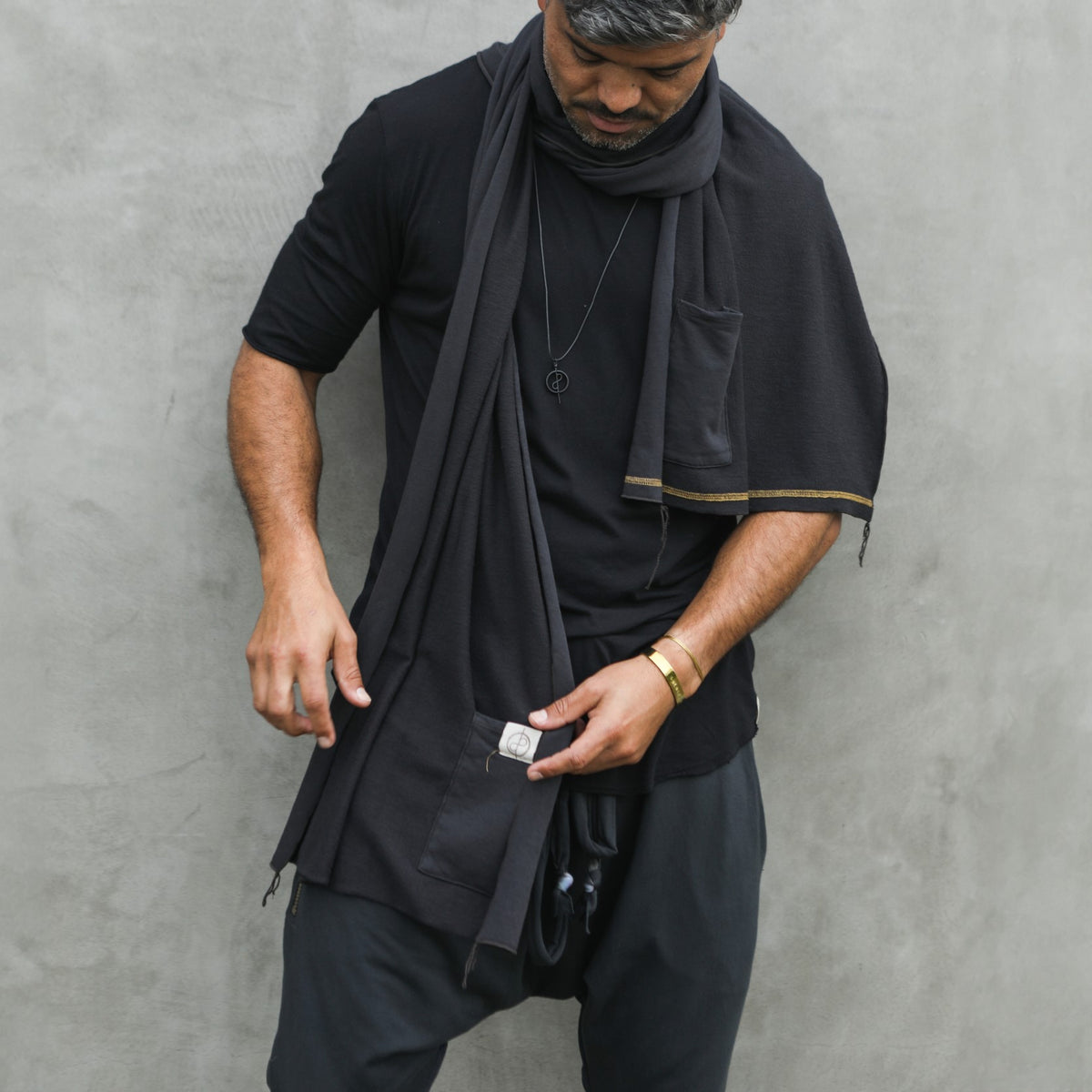 Man modeling slate fleece scarf