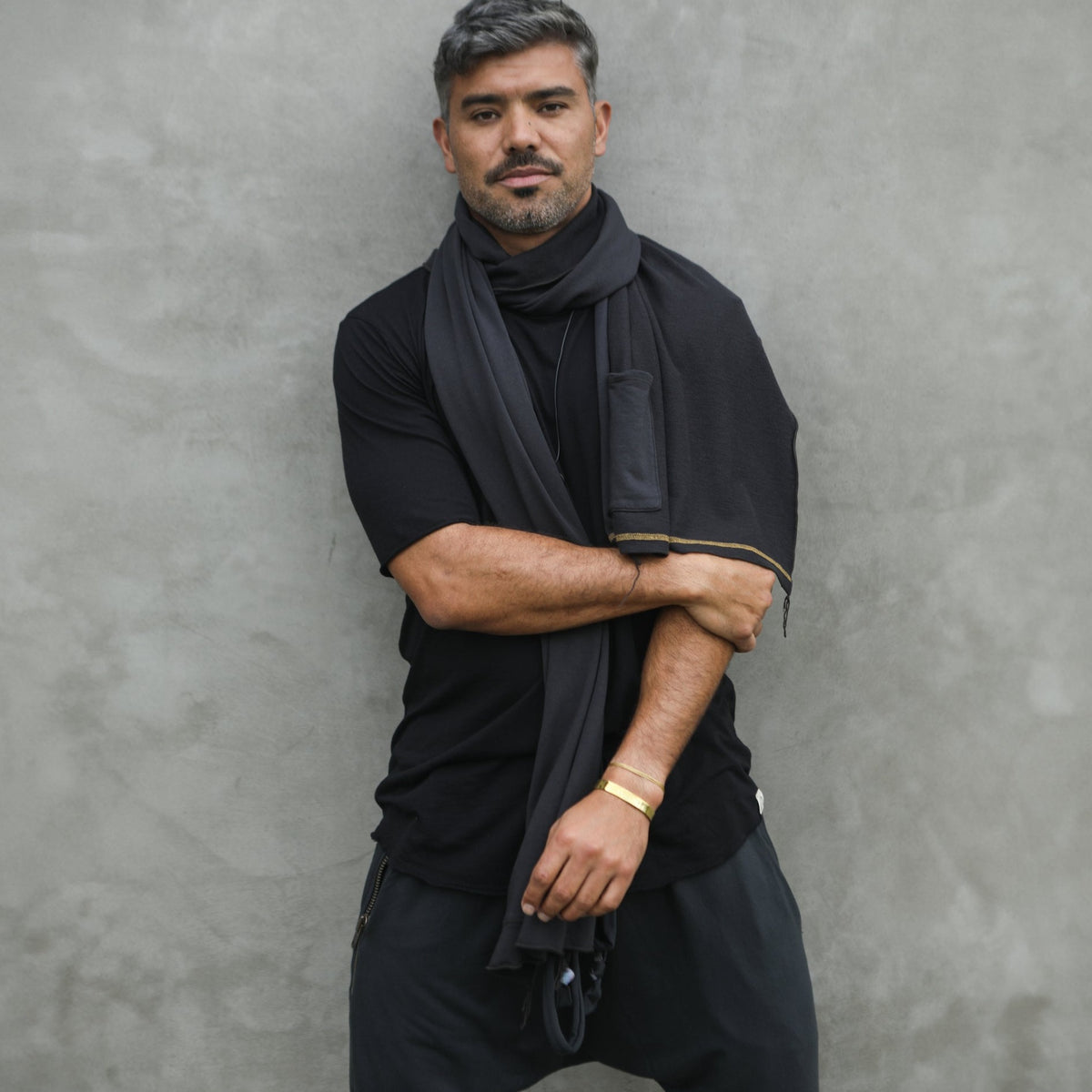 Man modeling slate fleece scarf