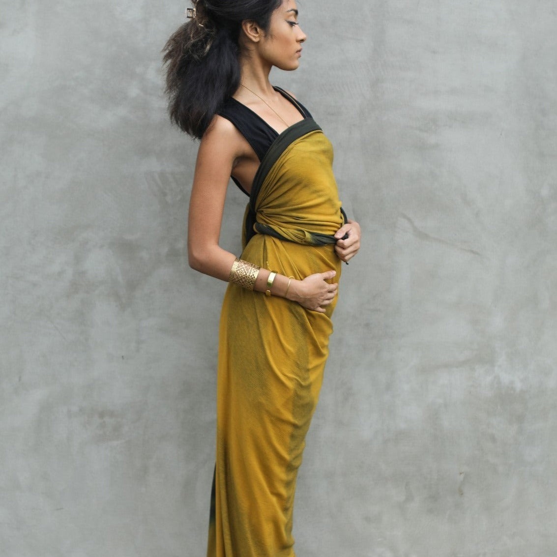 Woman modeling gold Light on Water pattern nature wrap