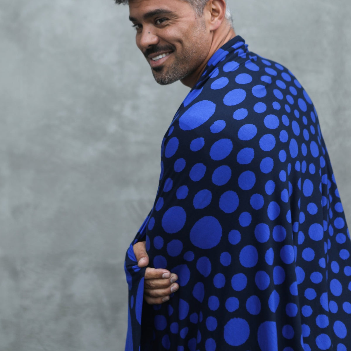 man modeling blue fibonacci pattern nature wrap