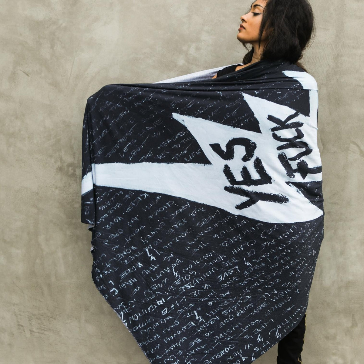 Woman modeling midnight Benzova nature wrap