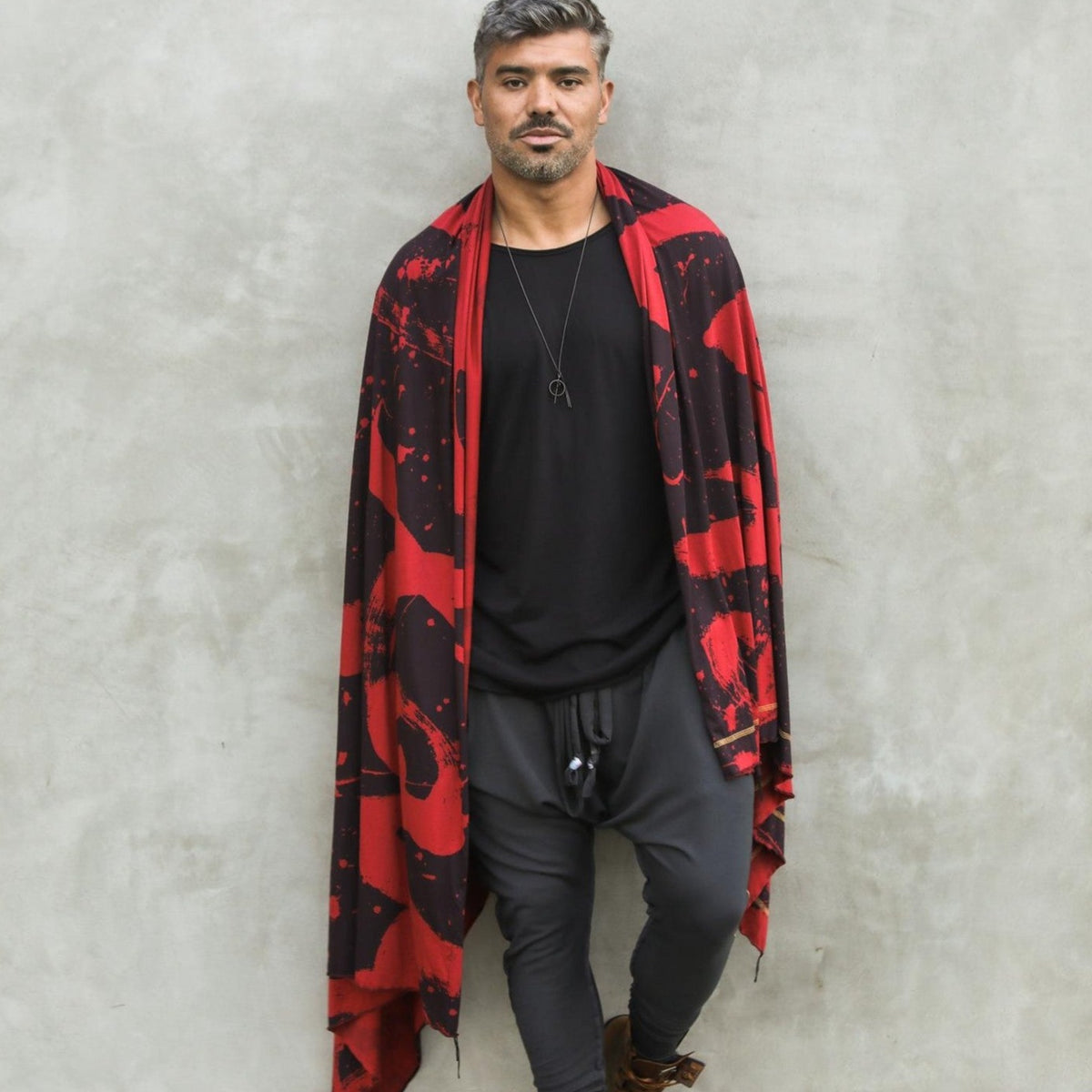 Man modeling red Ruben LOVE nature wrap