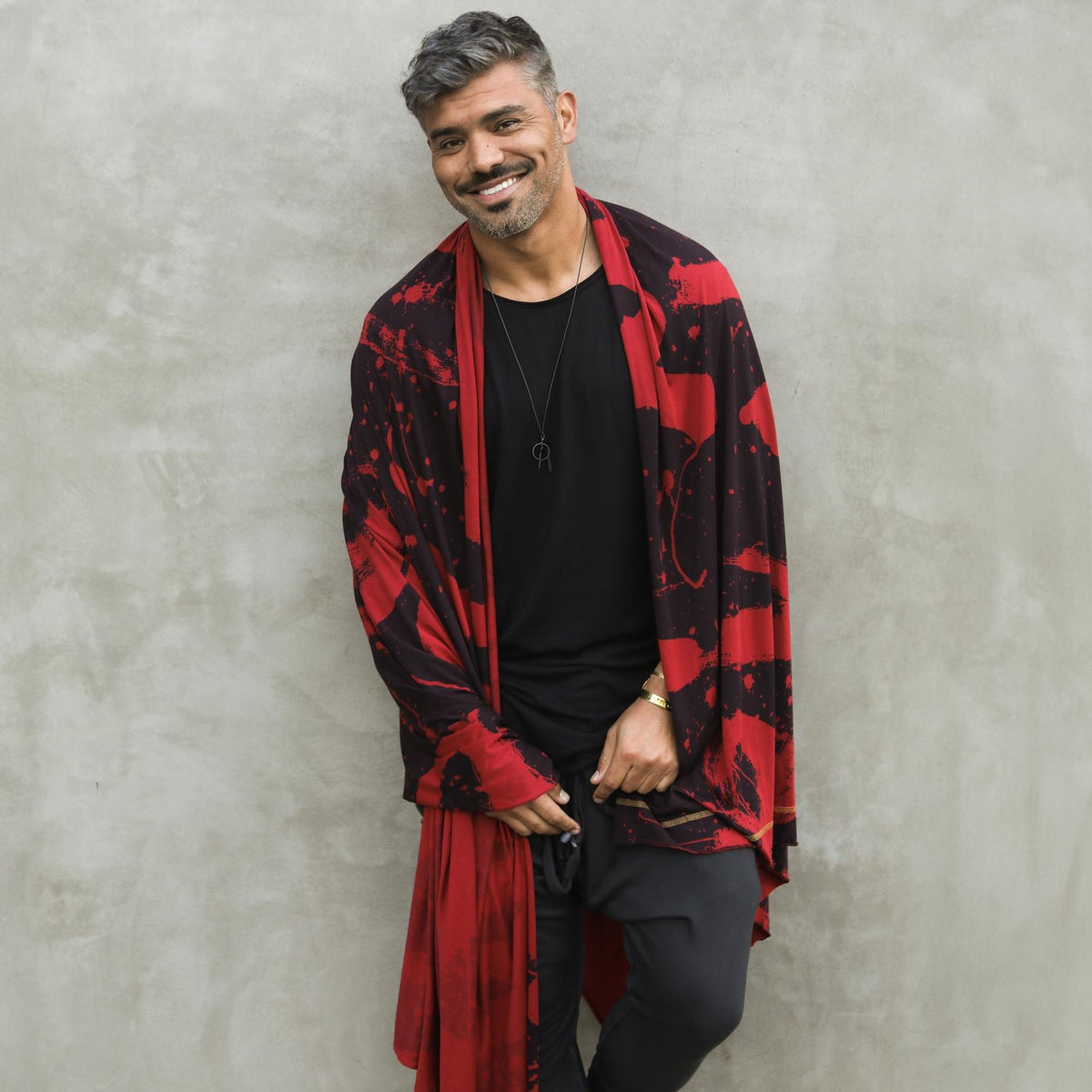 Man modeling red Ruben LOVE nature wrap