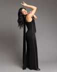 woman modeling the infinite bodysuit in black