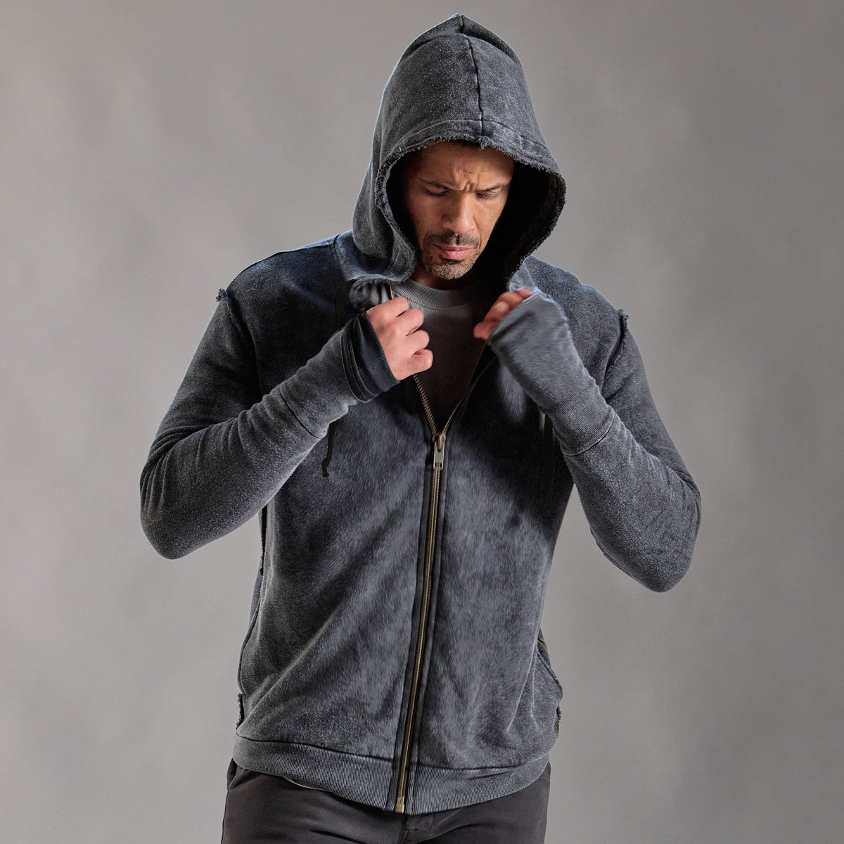 male modeling dark mineral hoodie