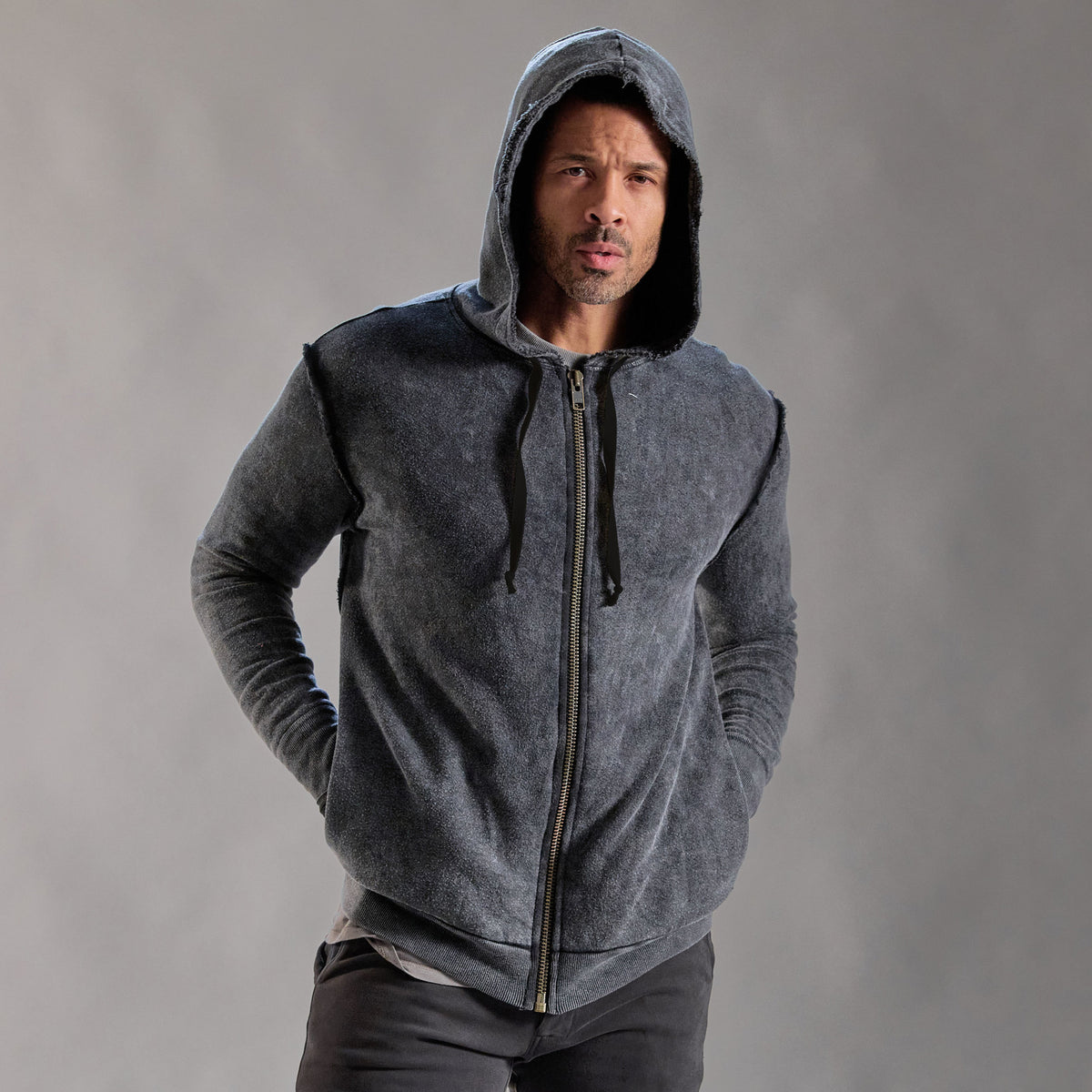 male modeling dark mineral hoodie