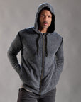 male modeling dark mineral hoodie
