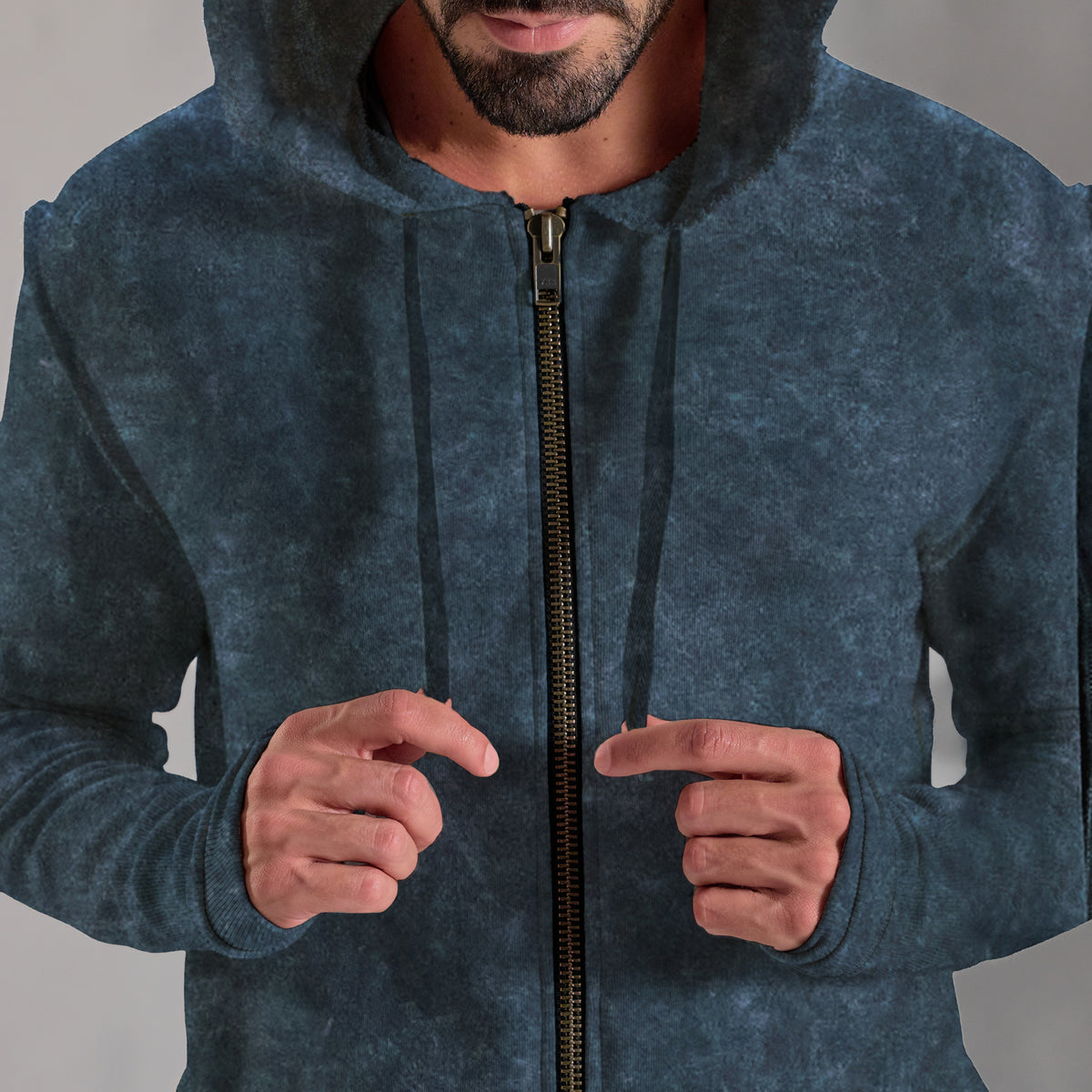 male modeling blue mineral zip hoodie