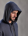 male modeling blue hoodie