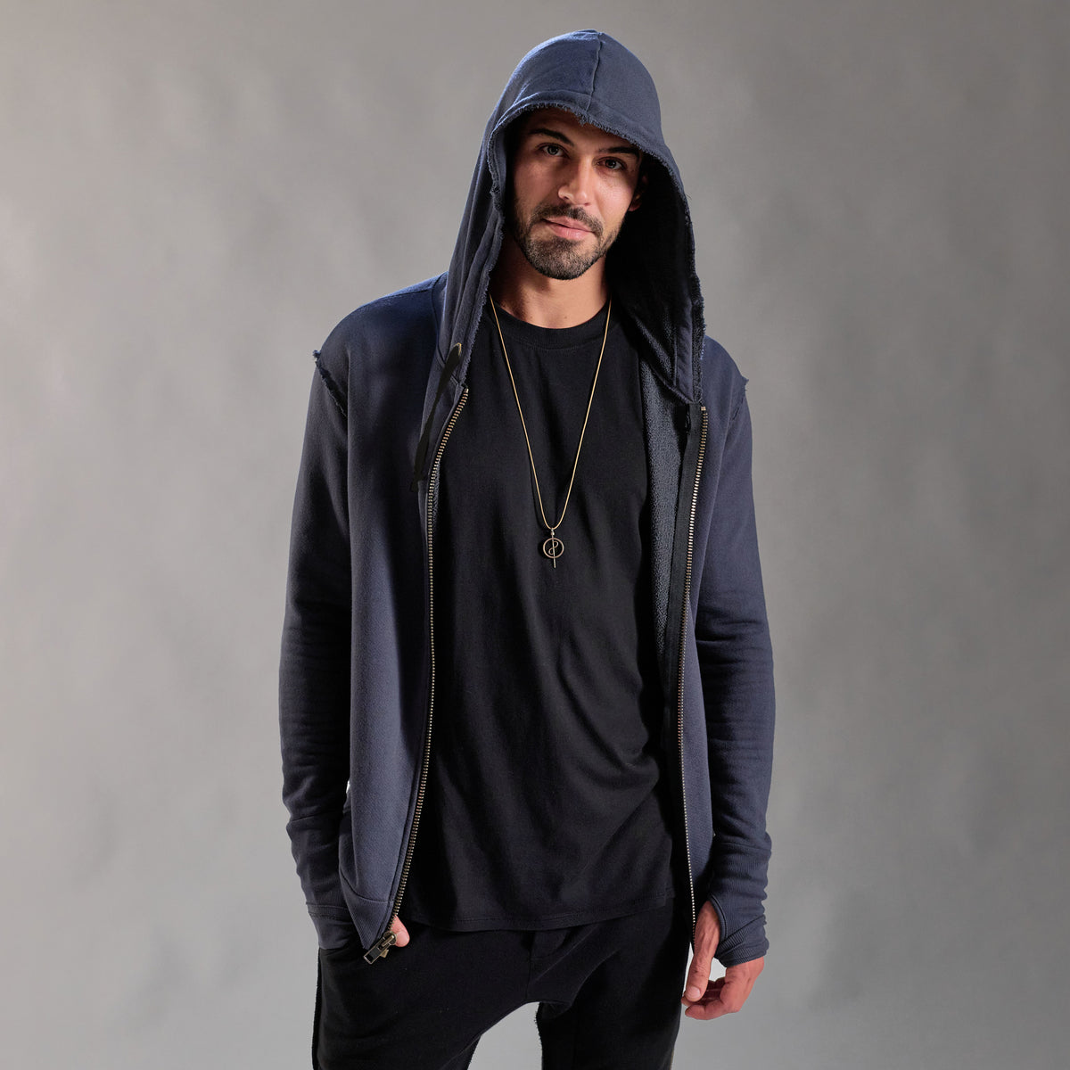 male modeling blue hoodie